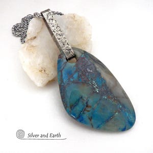 Large Blue Chrysocolla Quartz Sterling Silver Necklace, One of a Kind Big Chunky Gemstone Statement Pendant, Handcrafted Artisan Jewelry