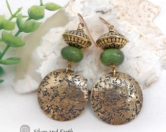 Round Gold Brass Earrings with Green Serpentine Gemstones, Modern Earthy Chic Artisan Handcrafted Jewelry