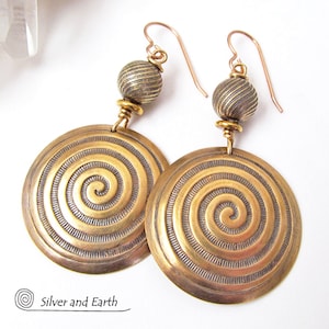 Large Gold Brass Spiral Dangle Earrings, Spiral of Life Ancient Symbol Jewelry, Big Bold Statement Earrings, Unique Artisan Handmade Jewelry