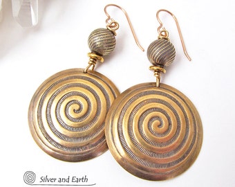 Large Gold Brass Spiral Dangle Earrings, Spiral of Life Ancient Symbol Jewelry, Big Bold Statement Earrings, Unique Artisan Handmade Jewelry