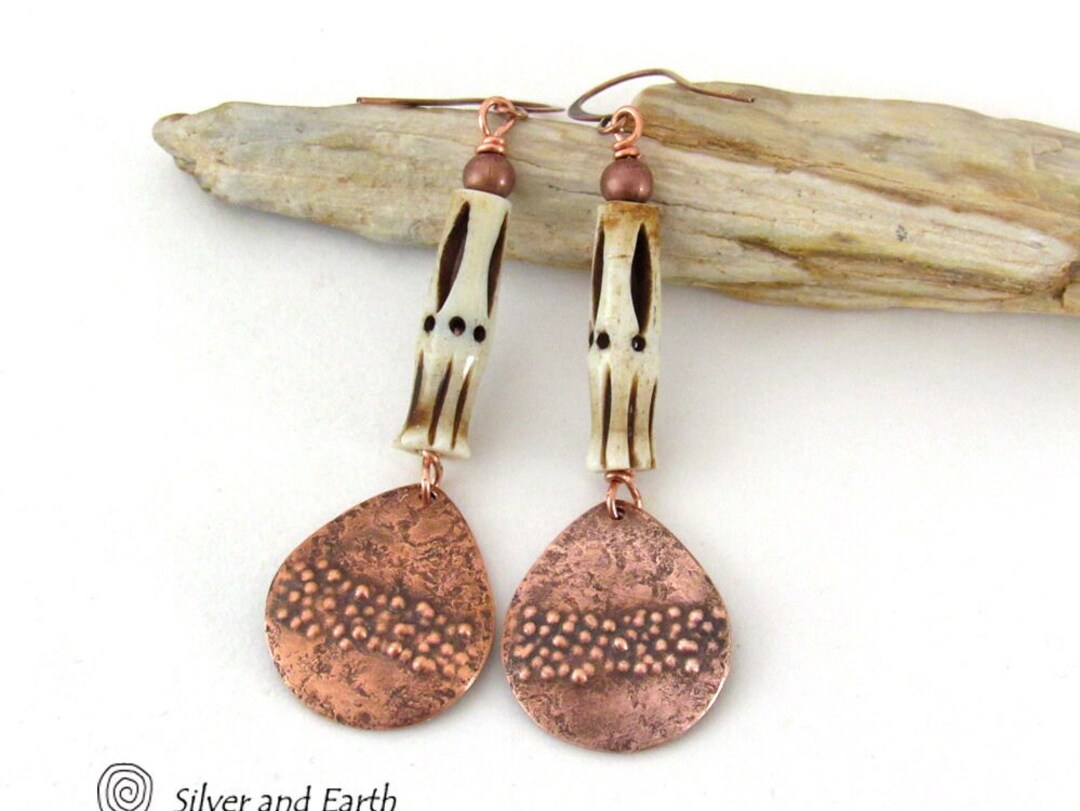 Rustic Hammered Copper Tribal Earrings With African Carved Etsy