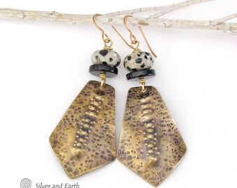 Hammered Gold Brass Tribal Earrings with Dalmatian Jasper & Black Onyx Stones, Rustic Organic Bold Ethnic Tribal Handcrafted Jewelry