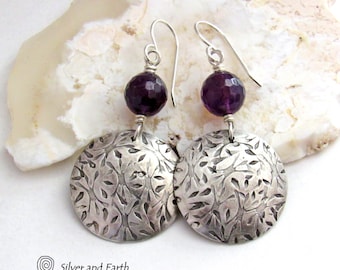 Amethyst Sterling Silver Earrings, Artisan Handcrafted Modern Sterling Jewelry, February Birthstone Gifts for Her, Purple Gemstone Dangle