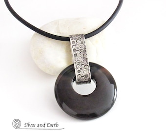Black Onyx Sterling Silver Necklace with Hand Stamped Texture, Urban Chic Bold Modern Jewelry, Handcrafted Artisan Sterling Pendant