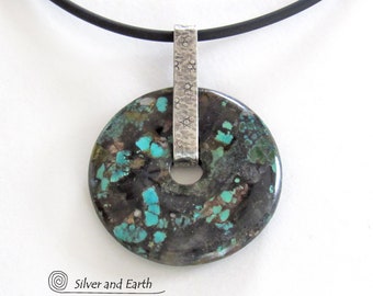 Natural Turquoise Sterling Silver Pendant Necklace, Organic Rustic Earthy Turquoise Jewelry, One of Kind, Stone Necklaces for Men / Women