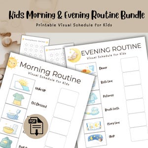 Può includere: Un pacchetto di programmi visivi stampabili per bambini, con routine mattutine e serali. Il design include illustrazioni per svegliarsi, vestirsi, cenare, fare il bagno e andare a letto. Il testo recita "Kids Morning & Evening Routine Bundle."