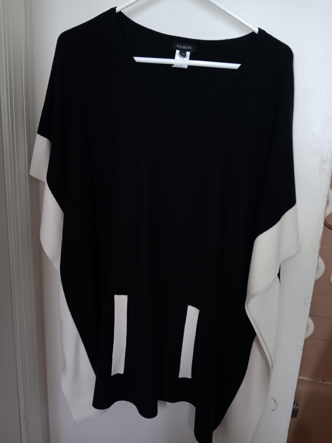 Hooded Poncho - Black Merino - Wide Black White Stripe Sleeve - Pre-Order
