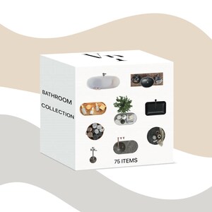 May include: A white box showcasing a bathroom collection with diverse items. The side reads "BATHROOM COLLECTION". The box displays sinks, trays with toiletries, and decorative items. The text "75 ITEMS" is also visible.