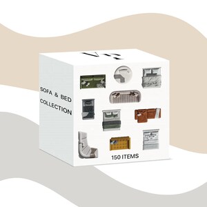May include: A white cube featuring a "SOFA & BED COLLECTION" with miniature furniture illustrations. The cube displays various sofas, beds, and a chair, with the text "150 ITEMS" at the bottom, indicating a comprehensive furniture collection.