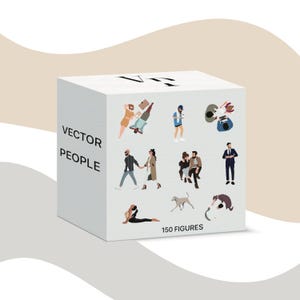 Pode incluir: Um cubo branco com o texto "VECTOR PEOPLE" e "150 FIGURES" apresenta ilustrações de pessoas em várias poses e atividades. As ilustrações incluem casais, uma pessoa fazendo ioga e uma pessoa passeando com um cachorro.