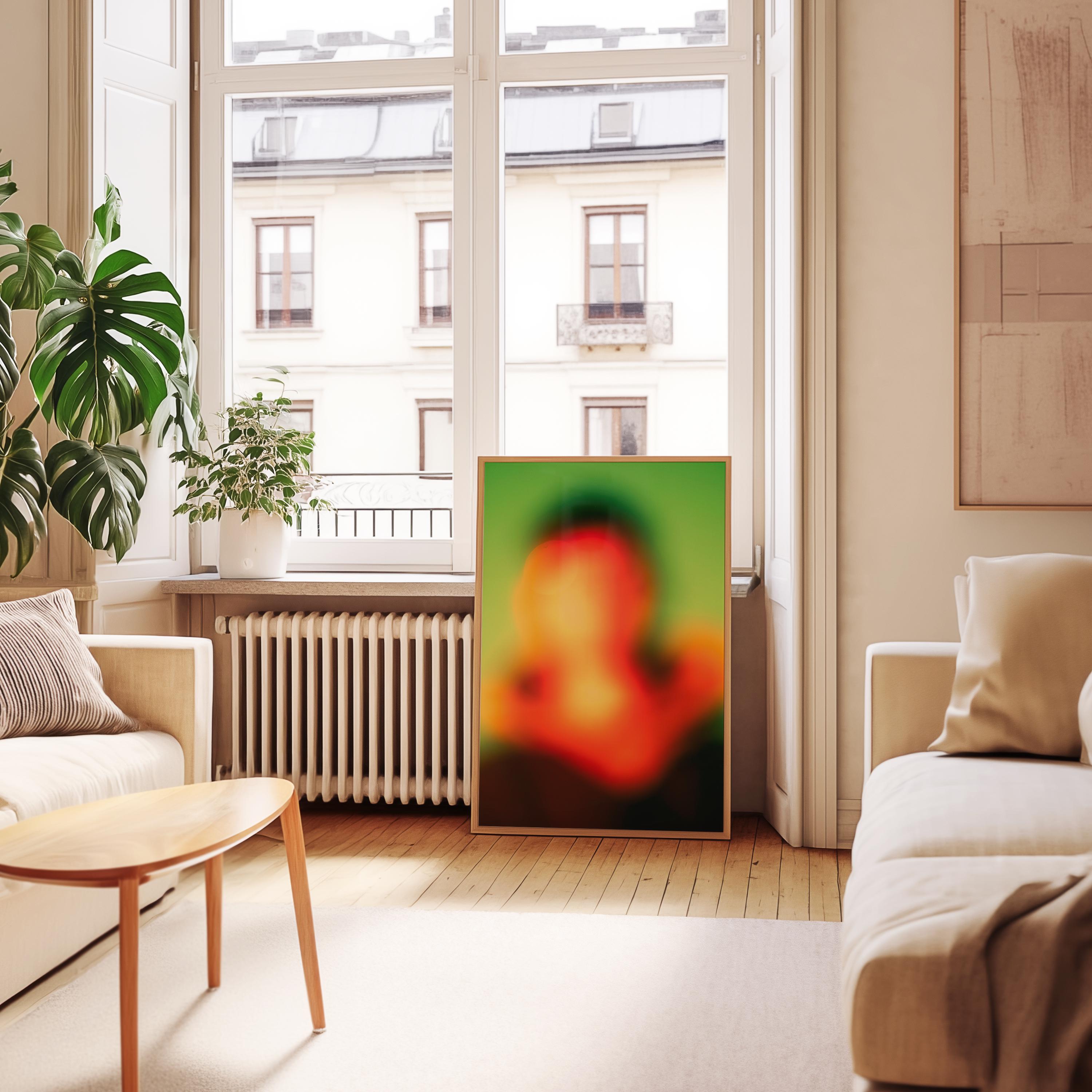 Modern Blurred Portrait in Green Red Sunset, Maximalist