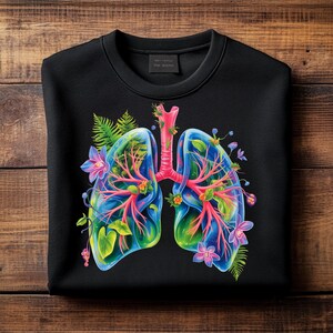 Op de afbeelding: Zwart sweatshirt met een kleurrijke illustratie van longen versierd met bloemen en bladeren. De longen zijn weergegeven in blauwe, groene en roze tinten, met gedetailleerde botanische elementen. Het ontwerp is gecentreerd op de voorkant.