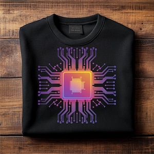 Puede incluir: Sudadera negra con un diseño de placa de circuito colorido. El gráfico incluye un cuadrado central con un degradado de amarillo, naranja y morado, rodeado de líneas y nodos de circuito morados. El diseño está centrado en la parte delantera.
