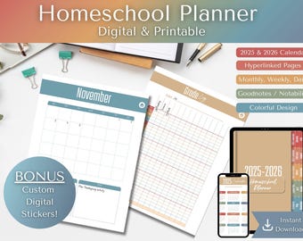 Digital Homeschool Planner PDF for K-12 with Undated Monthly and Lesson Pages Printable Tracker