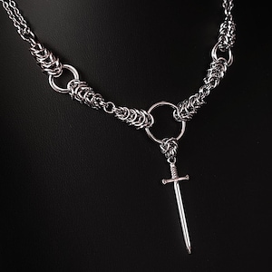 Unique Chainmail Hoop Sword Necklace Choker Stainless Steel Romantic Gothic Alternative Medieval Punk Rock Chain