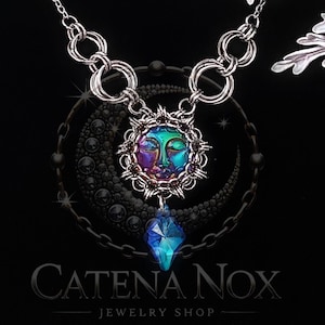 Chainmail Ring Necklace Choker Handmade Blue Rainbow Quartz Moon Sun Face Stainless Steel Gothic Wicca Pagan Witch Alternative Medieval
