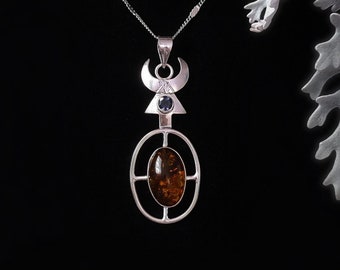 Vintage Baltic Amber Pendant, Crescent Moon and Arrow, 925 Sterling Silver Chain