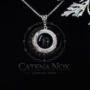Memory Spell Locket Vintage Gothic Obsidian Carved Crescent Moon Face Night Keepsakes Necklace Pendant Charm Wicca Pagan Good Witch Pill Box