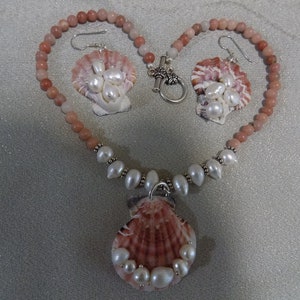 Natural Sea Shell, Studded with a row of White Pearls and Lepodolite Stone Necklace and GIFT WITH PURCHASE coordinating Earrings!