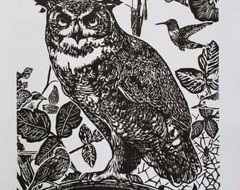 Self Portrait as an owl or a Sparrow, woodcut, 15"x20"