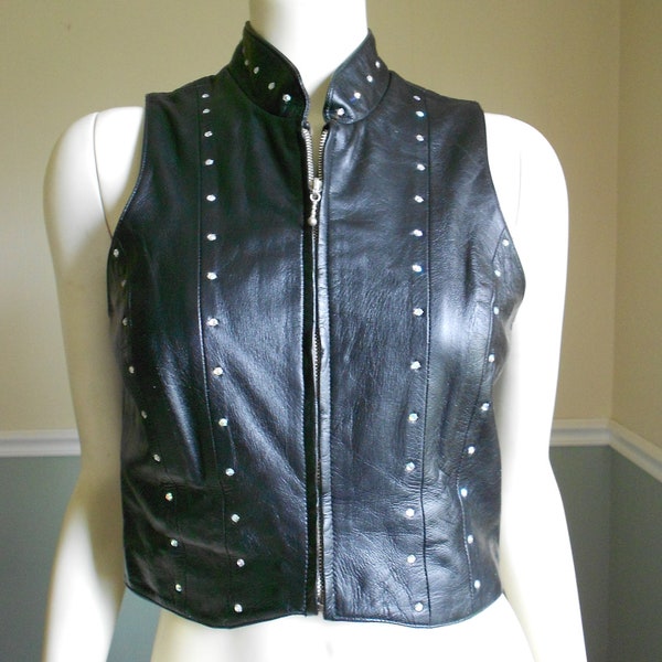 Motorcycle Vest / Black Leather and Rhinestone Vest  / Size Small