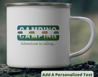 Personalized Enamel Camping Mug, Customized Coffee Cup, Gift for Camper and Camp Lover, Motivational Travel, Nature, Adventure, Outdoor Gear