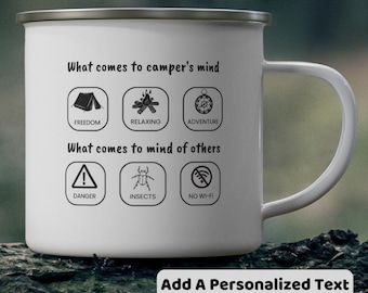 Personalized Enamel Camping Mug, Customized Coffee Cup, Gift for Camper and Camp Lover, Motivational Travel, Nature, Adventure, Outdoor Gear