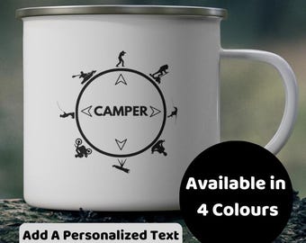 Personalized Enamel Camping Mug, Customized Coffee Cup, Gift for Camper and Camp Lover, Motivational Travel, Nature, Adventure, Outdoor Gear