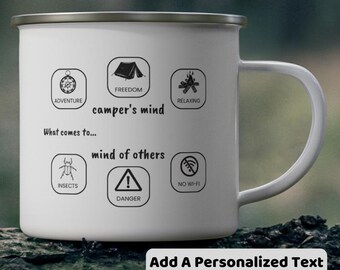 Personalized Enamel Camping Mug, Customized Coffee Cup, Gift for Camper and Camp Lover, Motivational Travel, Nature, Adventure, Outdoor Gear
