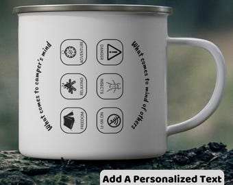 Personalized Enamel Camping Mug, Customized Coffee Cup, Gift for Camper and Camp Lover, Motivational Travel, Nature, Adventure, Outdoor Gear