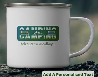 Personalized Enamel Camping Mug, Customized Coffee Cup, Gift for Camper and Camp Lover, Motivational Travel, Nature, Adventure, Outdoor Gear
