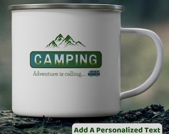 Personalized Enamel Camping Mug, Customized Coffee Cup, Gift for Camper and Camp Lover, Motivational Travel, Nature, Adventure, Outdoor Gear