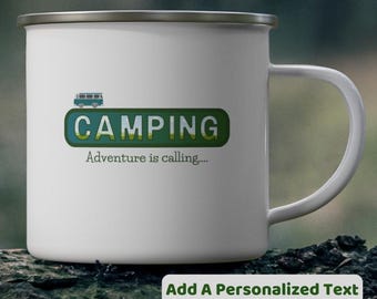 Personalized Enamel Camping Mug, Customized Coffee Cup, Gift for Camper and Camp Lover, Motivational Travel, Nature, Adventure, Outdoor Gear