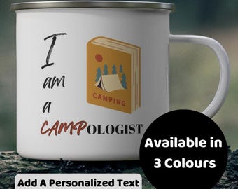 Personalized Enamel Camping Mug, Customized Coffee Cup, Gift for Camper and Camp Lover, Motivational Travel, Nature, Adventure, Outdoor Gear