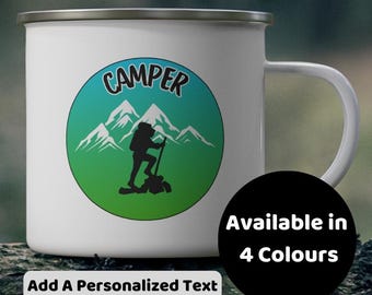 Personalized Enamel Camping Mug, Customized Coffee Cup, Gift for Camper and Camp Lover, Motivational Travel, Nature, Adventure, Outdoor Gear