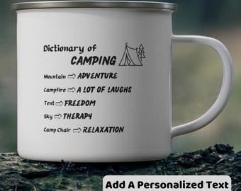 Personalized Enamel Camping Mug, Customized Coffee Cup, Gift for Camper and Camp Lover, Motivational Travel, Nature, Adventure, Outdoor Gear