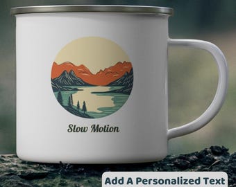 Personalized Enamel Camping Mug, Customized Coffee Cup, Gift for Camper and Camp Lover, Motivational Travel, Nature, Adventure, Outdoor Gear