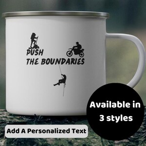 Personalized Enamel Camping Mug, Customized Coffee Cup, Gift for Camper and Camp Lover, Motivational Travel, Nature, Adventure, Outdoor Gear