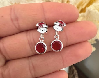 925 sterling silver santa claus Kitty drop earrings with red crystal, handmade, made in Mexico, kitty gifts