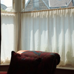 Bespoke Cafe Curtain Set ·  Linen Curtain · Heritage Brass · Concealed Brackets · Made to Measure