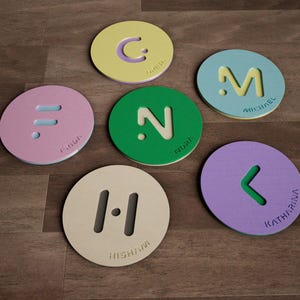 Könnte beinhalten: Eine Sammlung farbenfroher, runder Untersetzer mit ausgeschnittenen Buchstaben und Namen. Die Untersetzer sind in Gelb-, Rosa-, Grün-, Blau-, Beige- und Lilatönen gehalten. Jeder Untersetzer hat einen einzigartigen Buchstaben und Namen.