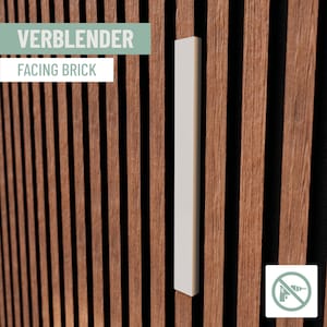 Könnte beinhalten: Ein vertikales, cremefarbenes rechteckiges Element vor einem Hintergrund aus Holzlatten. Der Text "VERBLENDER FACING BRICK" ist zu sehen. Ein Symbol ohne Bohren befindet sich unten rechts.