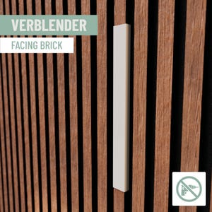 Pode incluir: Uma peça retangular vertical branca suja contra um fundo de ripas de madeira. O texto "VERBLENDER FACING BRICK" é exibido em uma caixa retangular no canto superior esquerdo. Um ícone sem broca está no canto inferior direito.