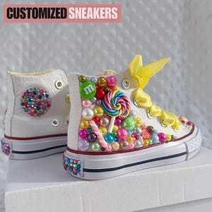 M & M Canvas Shoes, Personalized Sneakers, Candy Cake, Converse Sneakers Girls, 2nd Birthday, 3rd Birthday, handmade bling shoes, lollipop