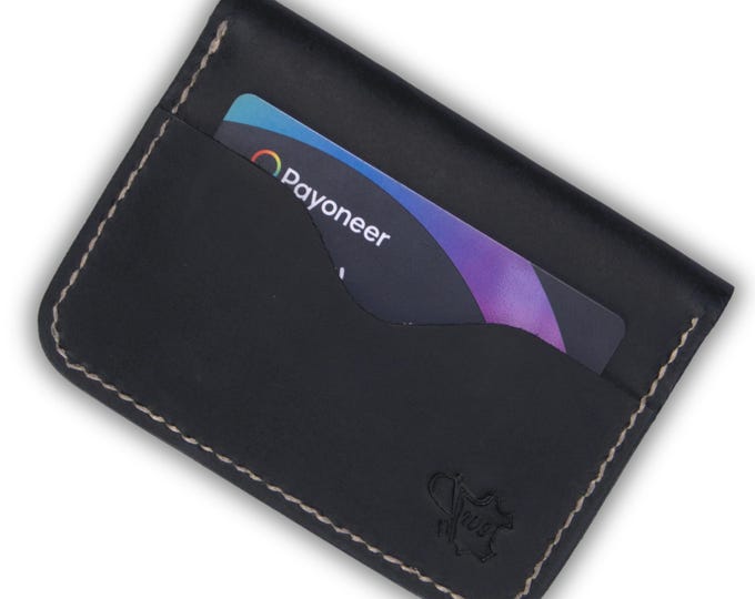 Handmade Black Leather Bifold Wallet: Full Grain Slim Card Holder