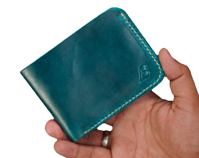 Handmade Turquoise Full Grain Leather Bifold Wallet - Slim Minimalist Design