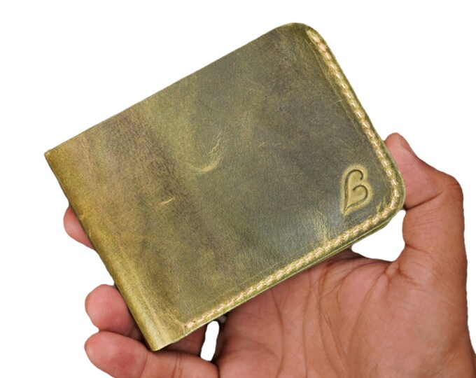 Handmade Full Grain Leather Bifold Wallet - Slim Olive Wallet