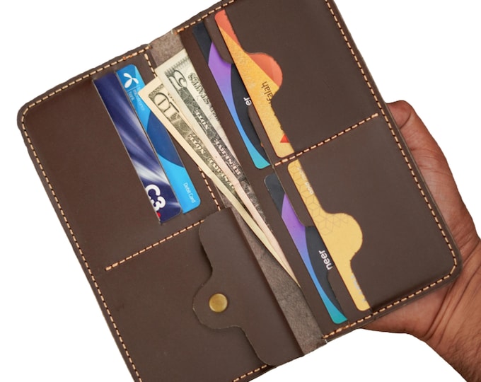 Handmade Full Grain Leather Bifold Long Wallet: Slim Minimalist Design