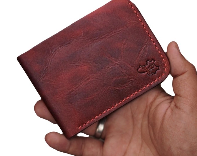 Handmade Full Grain Leather Bifold Wallet: Slim Maroon Design