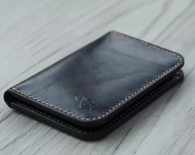 Handmade Full Grain Leather Bifold Wallet - Slim Vertical Design